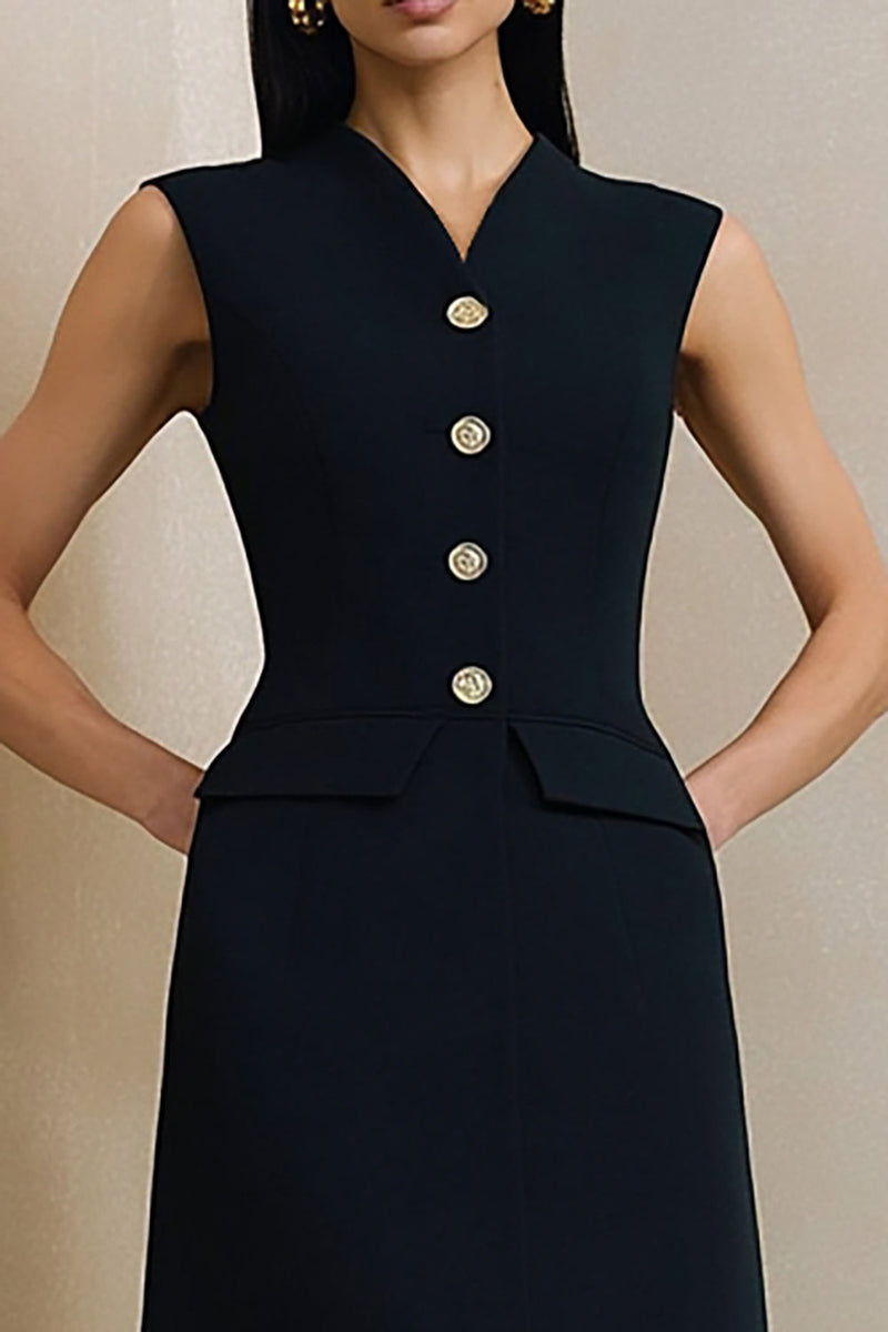 Load image into Gallery viewer, Black A Line V-Neck Midi Work Dress with Buttons