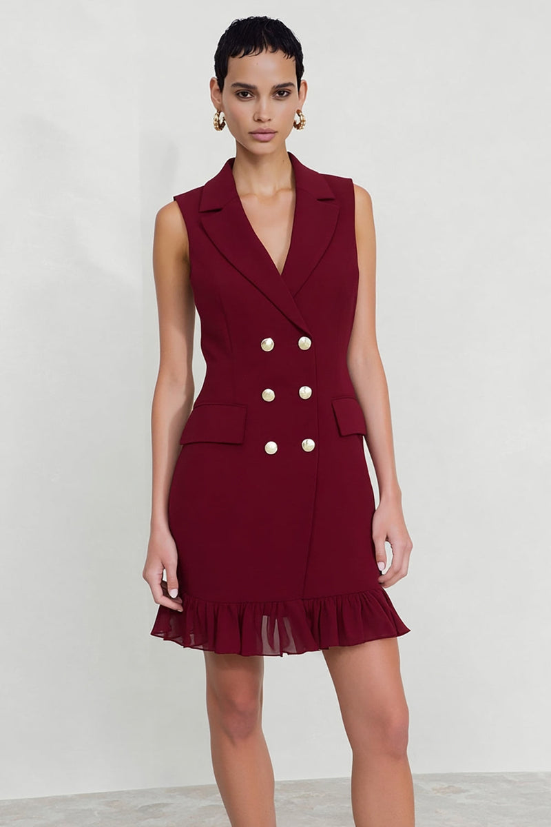 Load image into Gallery viewer, Burgundy Double Breasted Notched Lapel Short Blazer Dress with Ruffles