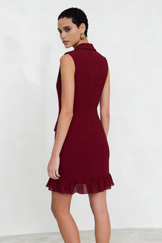 Burgundy Double Breasted Notched Lapel Short Blazer Dress with Ruffles