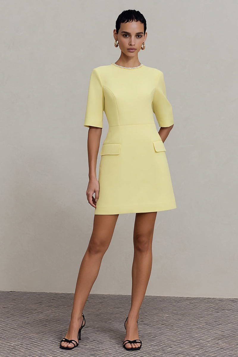 Load image into Gallery viewer, Light Yellow Short Crew Neck Work Dress with Sleeves