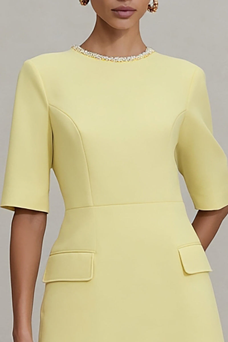 Load image into Gallery viewer, Light Yellow Short Crew Neck Work Dress with Sleeves