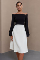 Load image into Gallery viewer, Black and White A Line Off the Shoulder Midi Work Dress with Sleeves