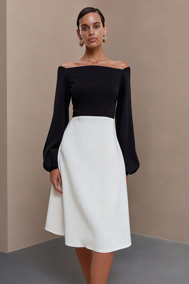 Load image into Gallery viewer, Black and White A Line Off the Shoulder Midi Work Dress with Sleeves