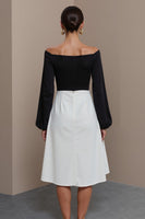 Load image into Gallery viewer, Black and White A Line Off the Shoulder Midi Work Dress with Sleeves