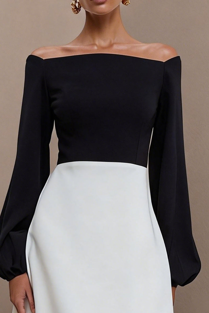 Load image into Gallery viewer, Black and White A Line Off the Shoulder Midi Work Dress with Sleeves