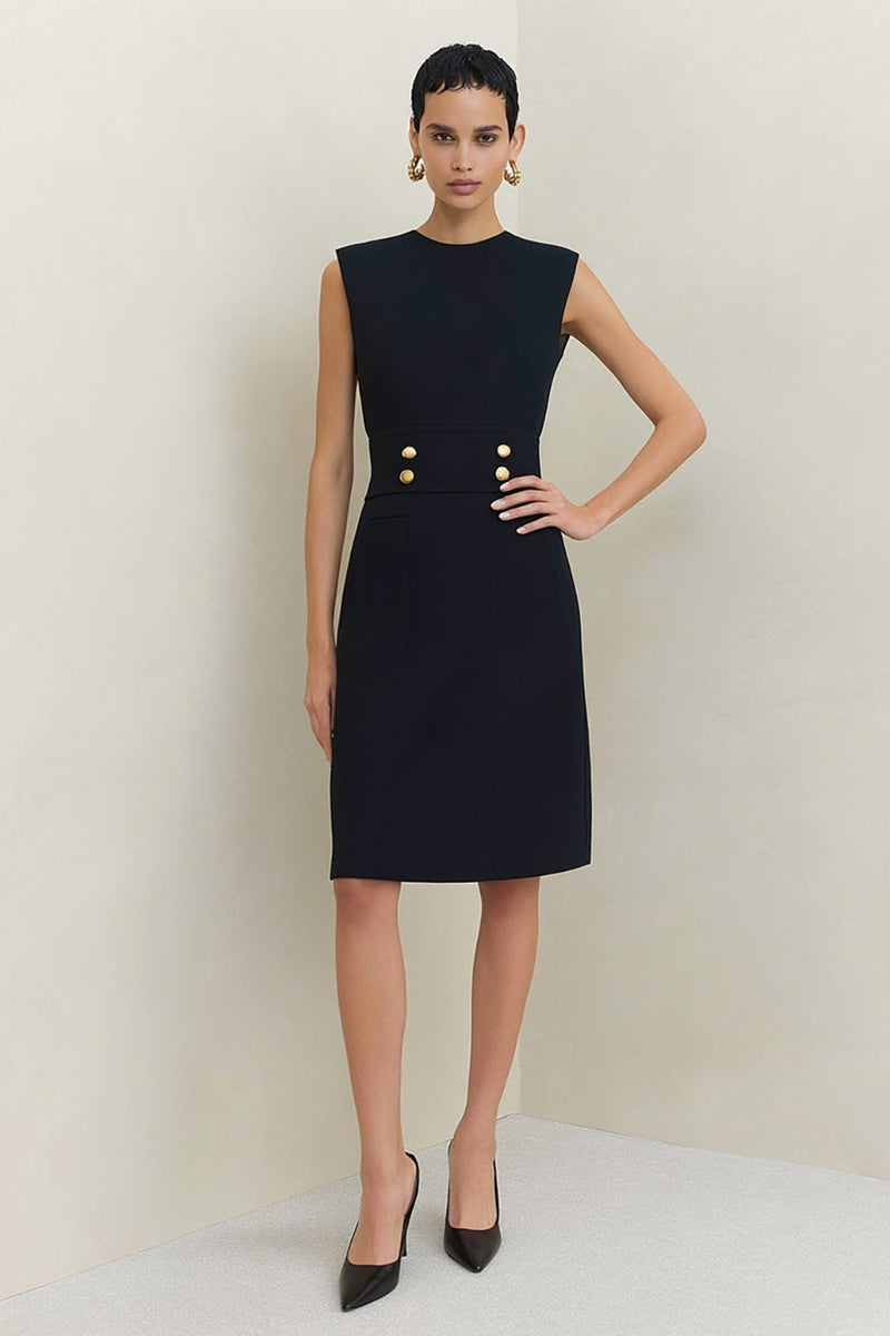 Load image into Gallery viewer, Black Crew Neck Midi Pencil Work Dress with Buttons