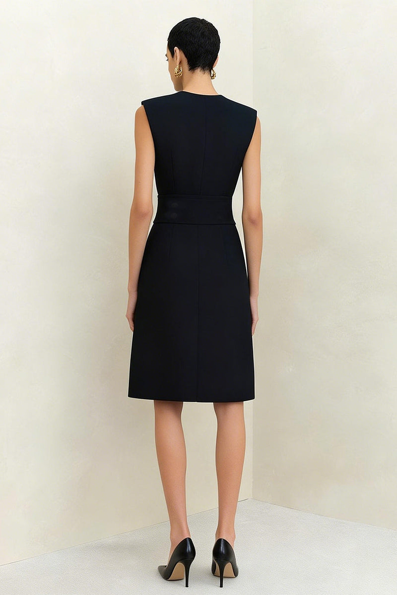 Load image into Gallery viewer, Black Crew Neck Midi Pencil Work Dress with Buttons