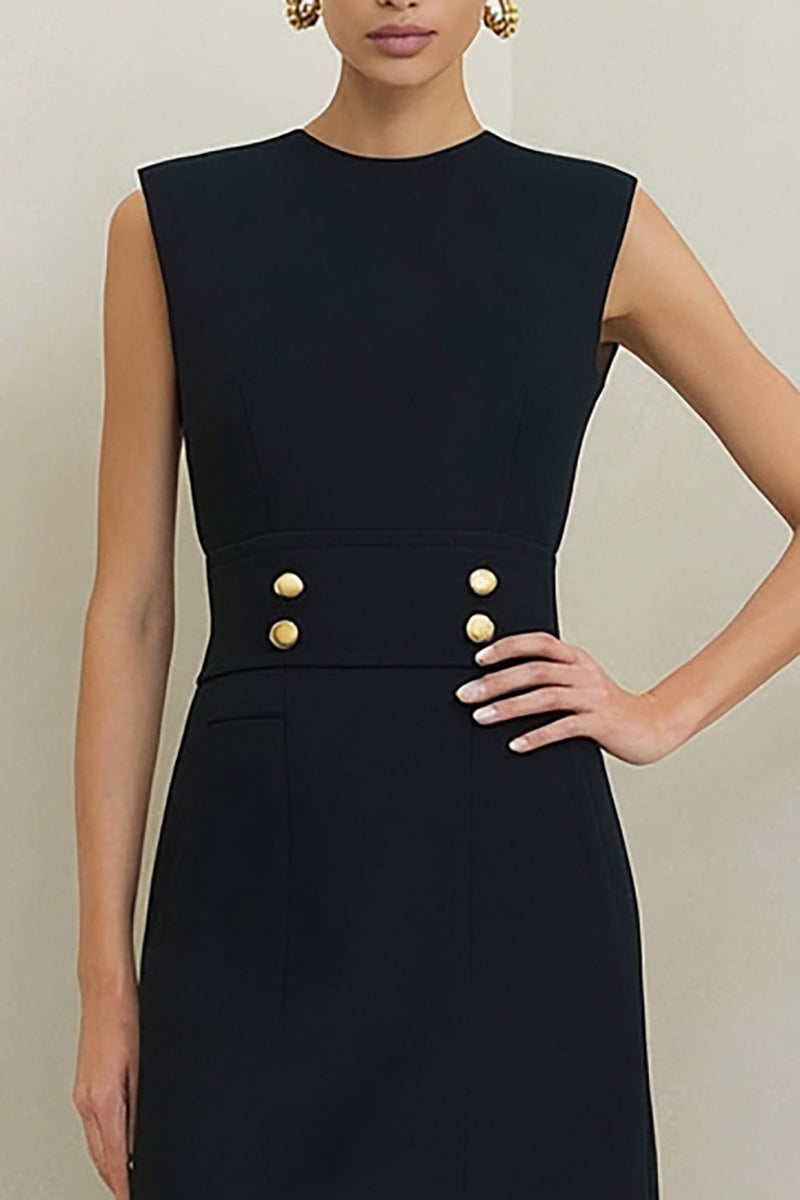 Load image into Gallery viewer, Black Crew Neck Midi Pencil Work Dress with Buttons