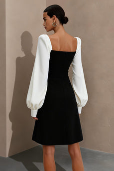 Black and White Short Square Neck Work Dress with Sleeves
