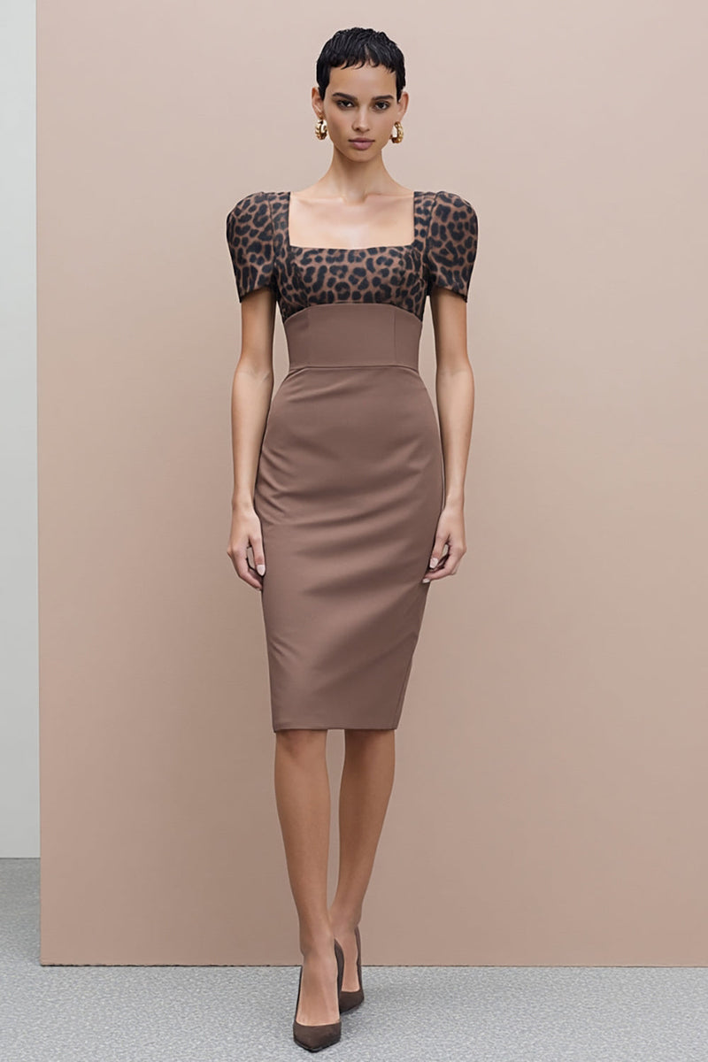 Load image into Gallery viewer, Brown Square Neck Cheetah Print Midi Pencil Work Dress with Sleeves