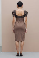 Load image into Gallery viewer, Brown Square Neck Cheetah Print Midi Pencil Work Dress with Sleeves