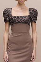 Load image into Gallery viewer, Brown Square Neck Cheetah Print Midi Pencil Work Dress with Sleeves
