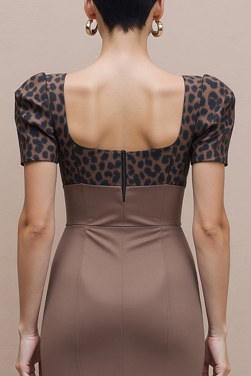 Load image into Gallery viewer, Brown Square Neck Cheetah Print Midi Pencil Work Dress with Sleeves