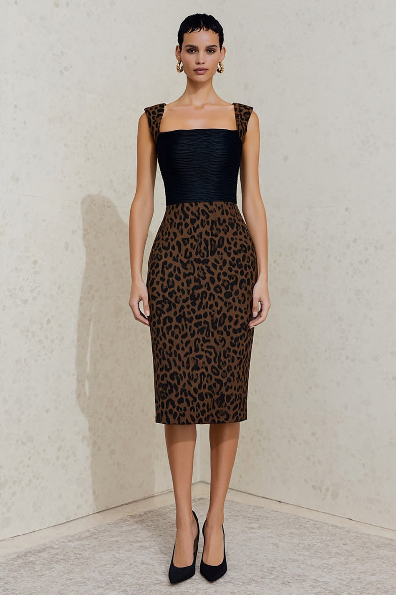 Load image into Gallery viewer, Black and Brown Square Neck Cheetah Print Midi Work Dress