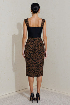 Black and Brown Square Neck Cheetah Print Midi Work Dress
