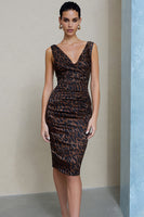 Load image into Gallery viewer, Brown Leopard Print Ruched V-Neck Midi Pencil Work Dress