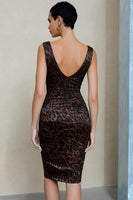 Load image into Gallery viewer, Brown Leopard Print Ruched V-Neck Midi Pencil Work Dress