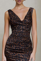 Load image into Gallery viewer, Brown Leopard Print Ruched V-Neck Midi Pencil Work Dress