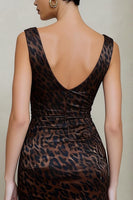Load image into Gallery viewer, Brown Leopard Print Ruched V-Neck Midi Pencil Work Dress
