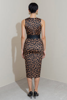 Brown Leopard Print Midi Pencil Work Dress with Belt