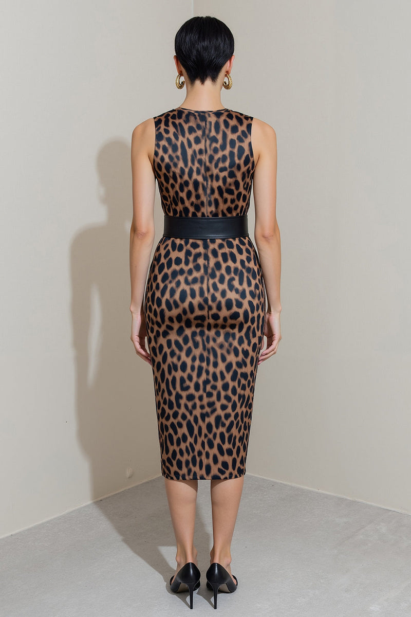 Load image into Gallery viewer, Brown Leopard Print Midi Pencil Work Dress with Belt