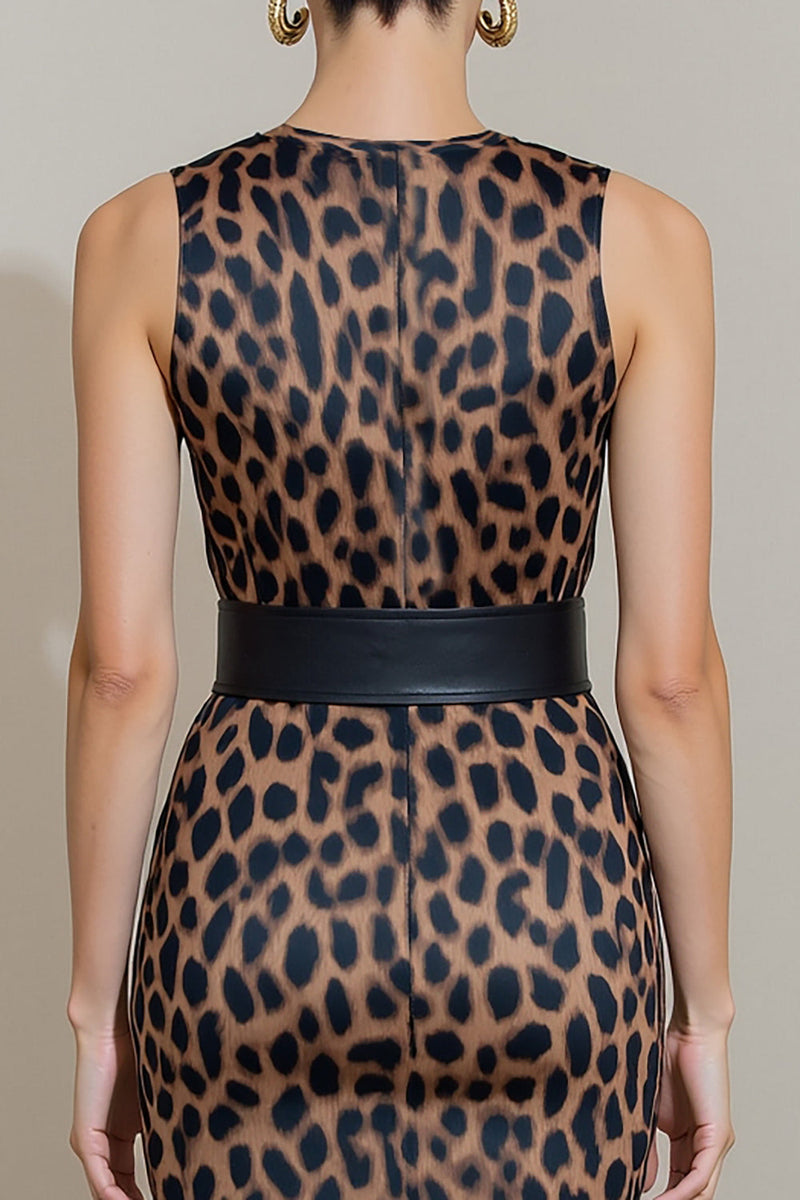 Load image into Gallery viewer, Brown Leopard Print Midi Pencil Work Dress with Belt