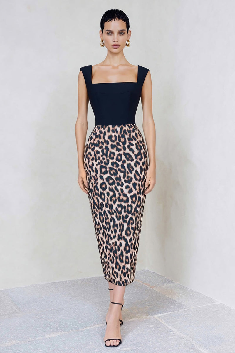 Load image into Gallery viewer, Black and Brown Leopard Print Midi Pencil Work Dress