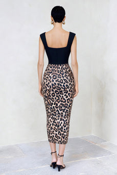 Black and Brown Leopard Print Midi Pencil Work Dress