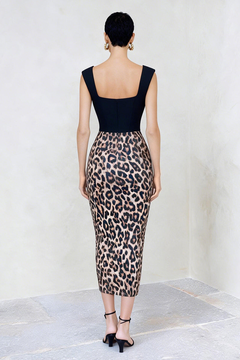 Load image into Gallery viewer, Black and Brown Leopard Print Midi Pencil Work Dress
