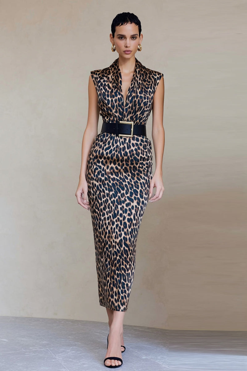 Load image into Gallery viewer, Brown Leopard Print Sheath V-Neck Long Work Dress with Belt