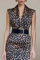 Load image into Gallery viewer, Brown Leopard Print Sheath V-Neck Long Work Dress with Belt