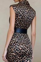 Load image into Gallery viewer, Brown Leopard Print Sheath V-Neck Long Work Dress with Belt