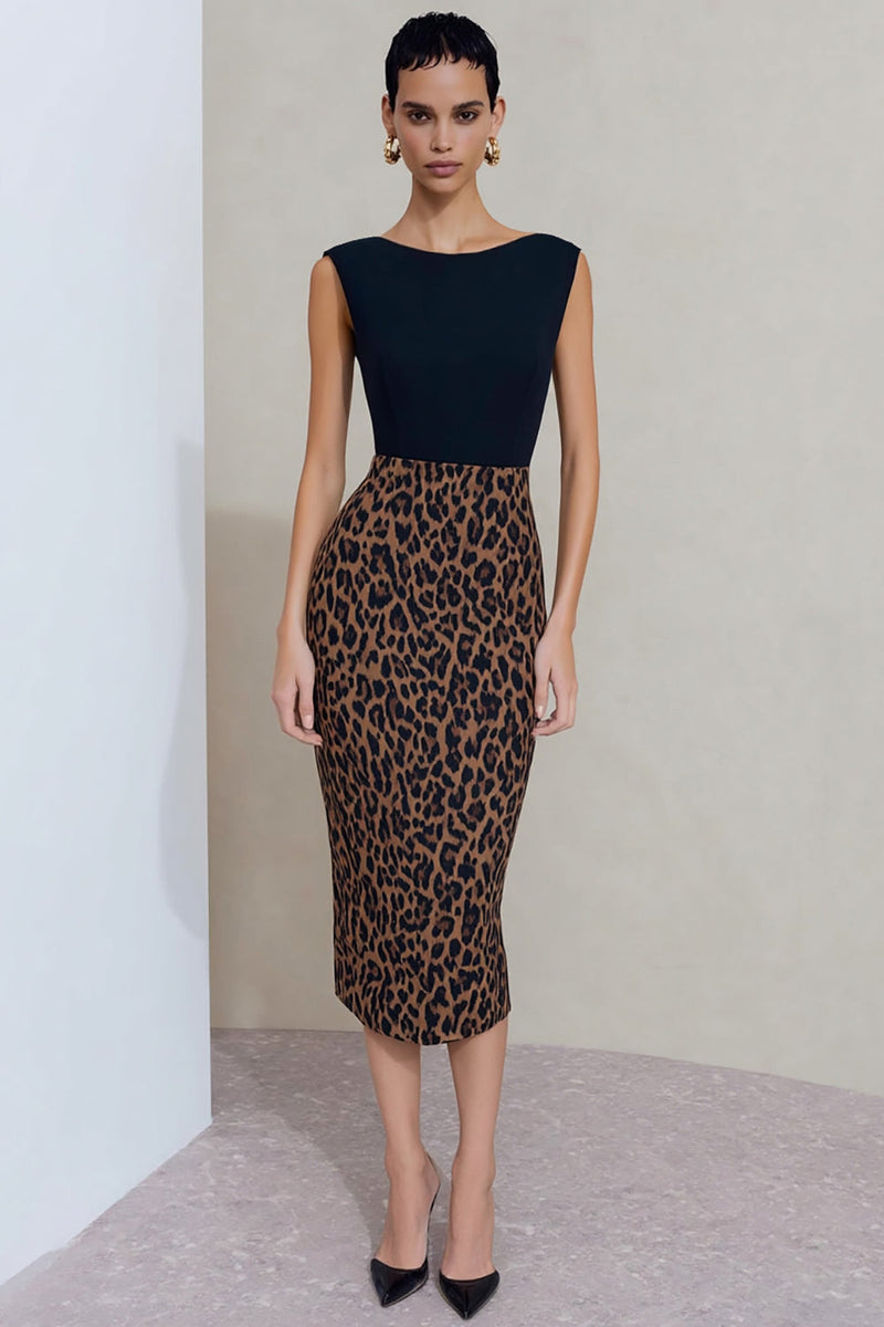 Load image into Gallery viewer, Black and Brown Leopard Print Midi Pencil Work Dress with Slit