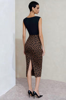 Load image into Gallery viewer, Black and Brown Leopard Print Midi Pencil Work Dress with Slit