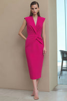 Load image into Gallery viewer, Fuchsia V-Neck Pencil Ruched Midi Work Dress