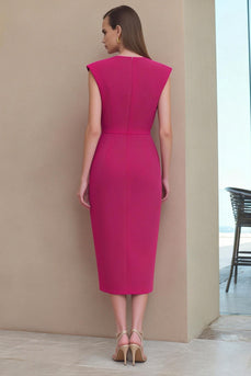 Fuchsia V-Neck Pencil Ruched Midi Work Dress