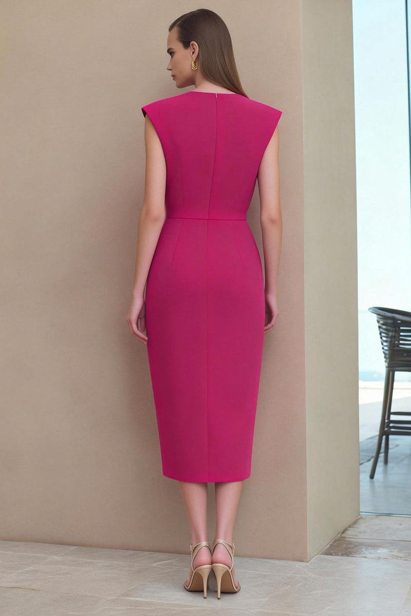 Load image into Gallery viewer, Fuchsia V-Neck Pencil Ruched Midi Work Dress