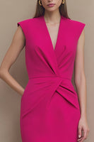Load image into Gallery viewer, Fuchsia V-Neck Pencil Ruched Midi Work Dress