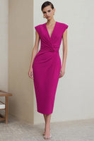 Load image into Gallery viewer, Fuchsia Ruched Pencil V-Neck Midi Work Dress