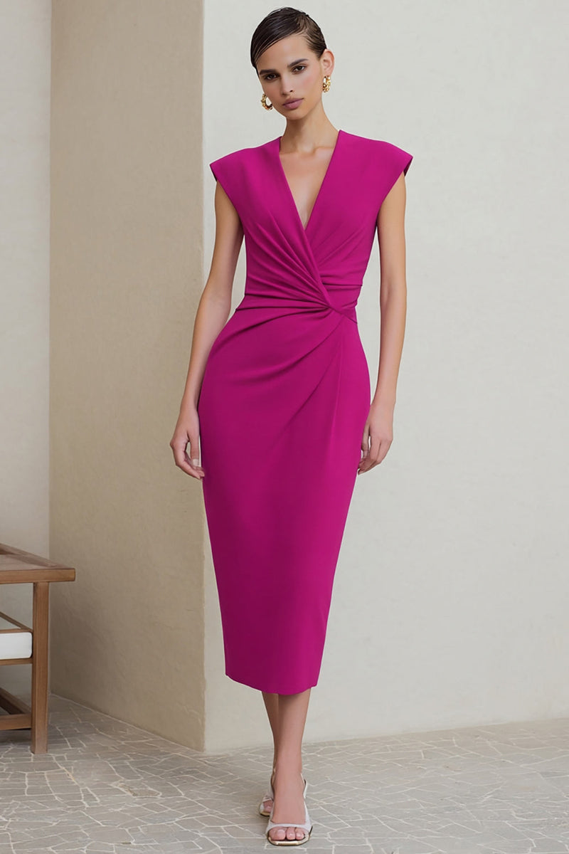Load image into Gallery viewer, Fuchsia Ruched Pencil V-Neck Midi Work Dress
