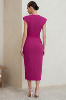 Load image into Gallery viewer, Fuchsia Ruched Pencil V-Neck Midi Work Dress