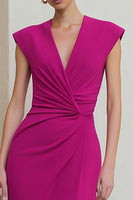 Load image into Gallery viewer, Fuchsia Ruched Pencil V-Neck Midi Work Dress