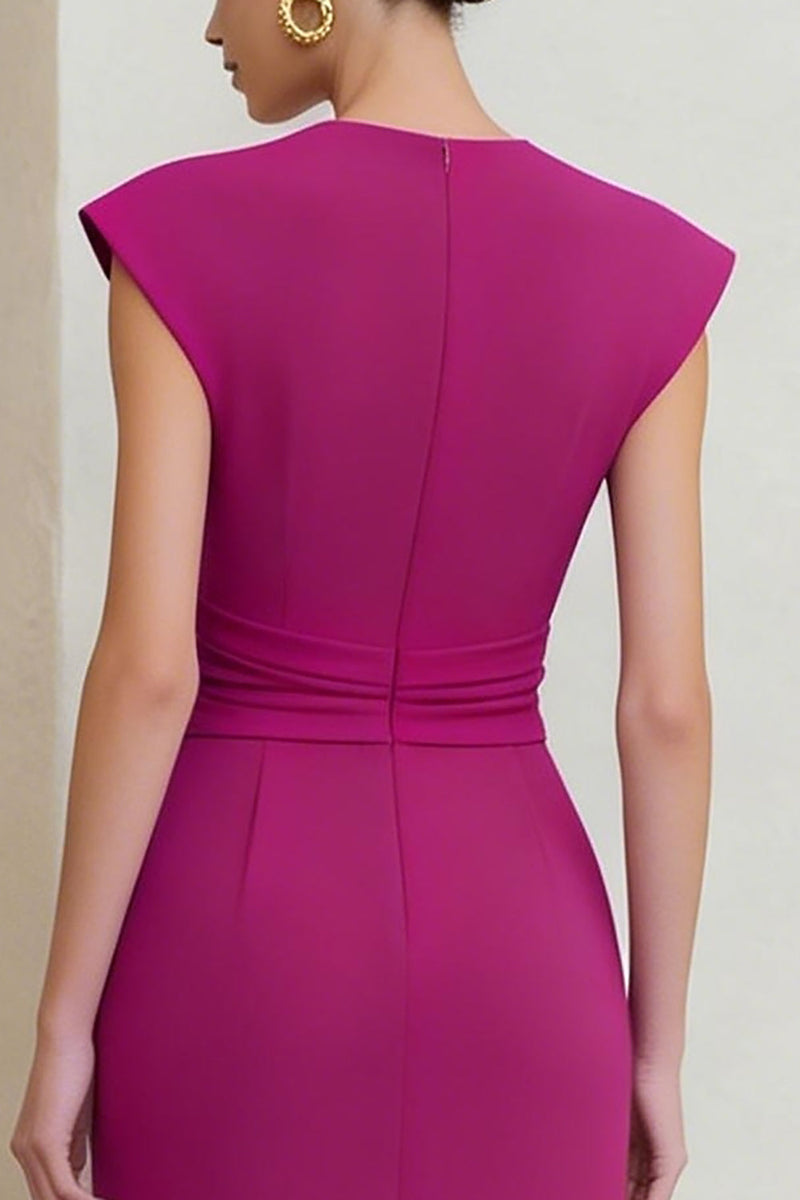 Load image into Gallery viewer, Fuchsia Ruched Pencil V-Neck Midi Work Dress