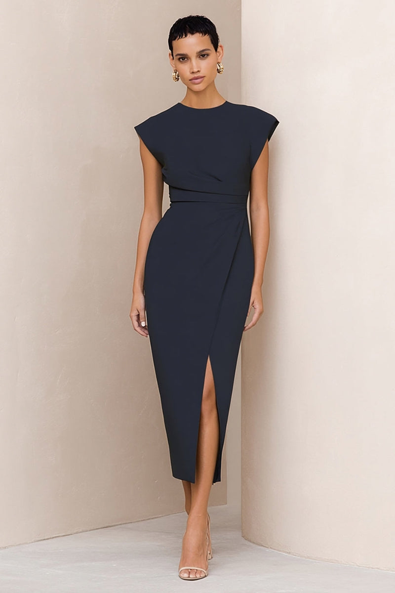 Load image into Gallery viewer, Navy Pencil Round Neck Midi Ruched Work Dress with Slit