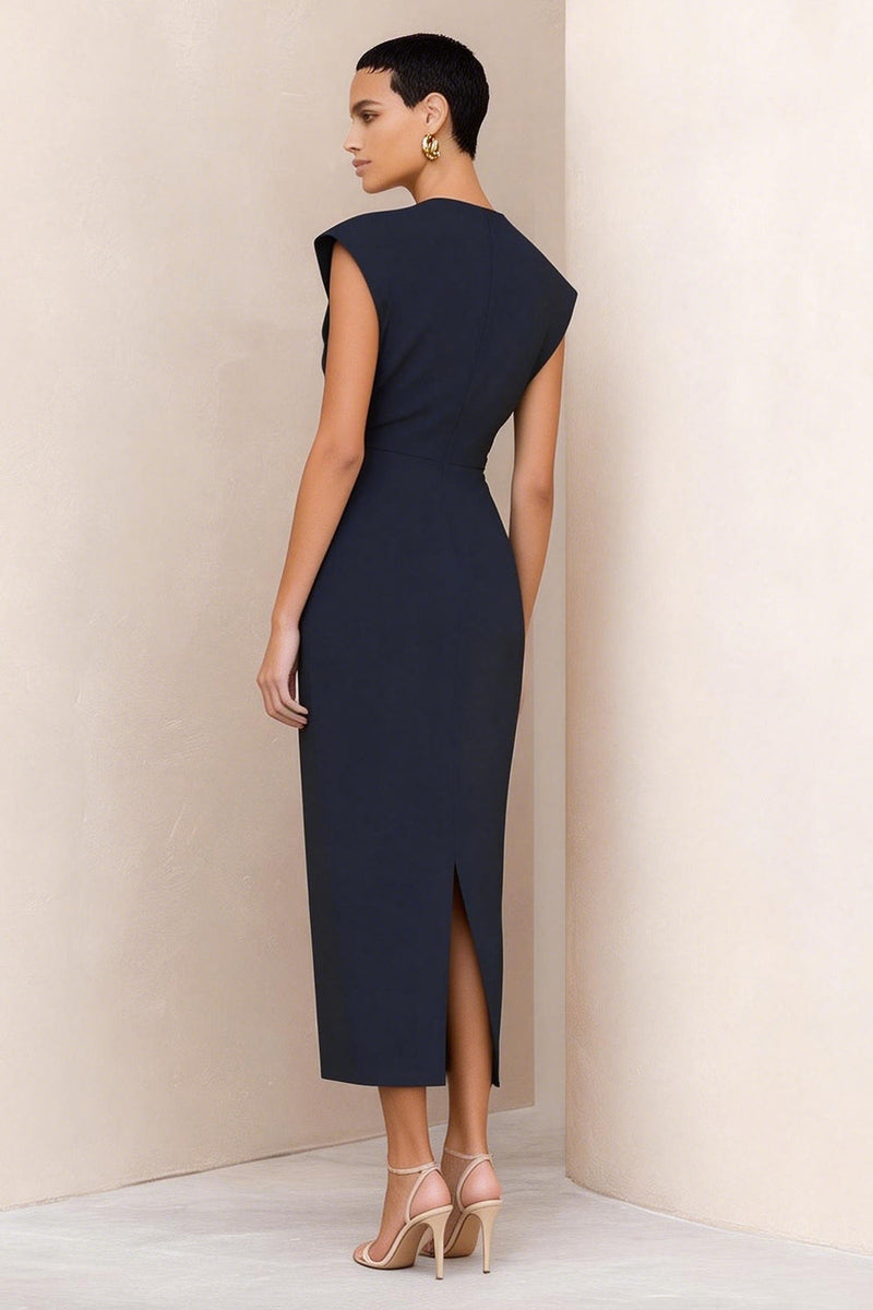 Load image into Gallery viewer, Navy Pencil Round Neck Midi Ruched Work Dress with Slit