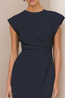Load image into Gallery viewer, Navy Pencil Round Neck Midi Ruched Work Dress with Slit