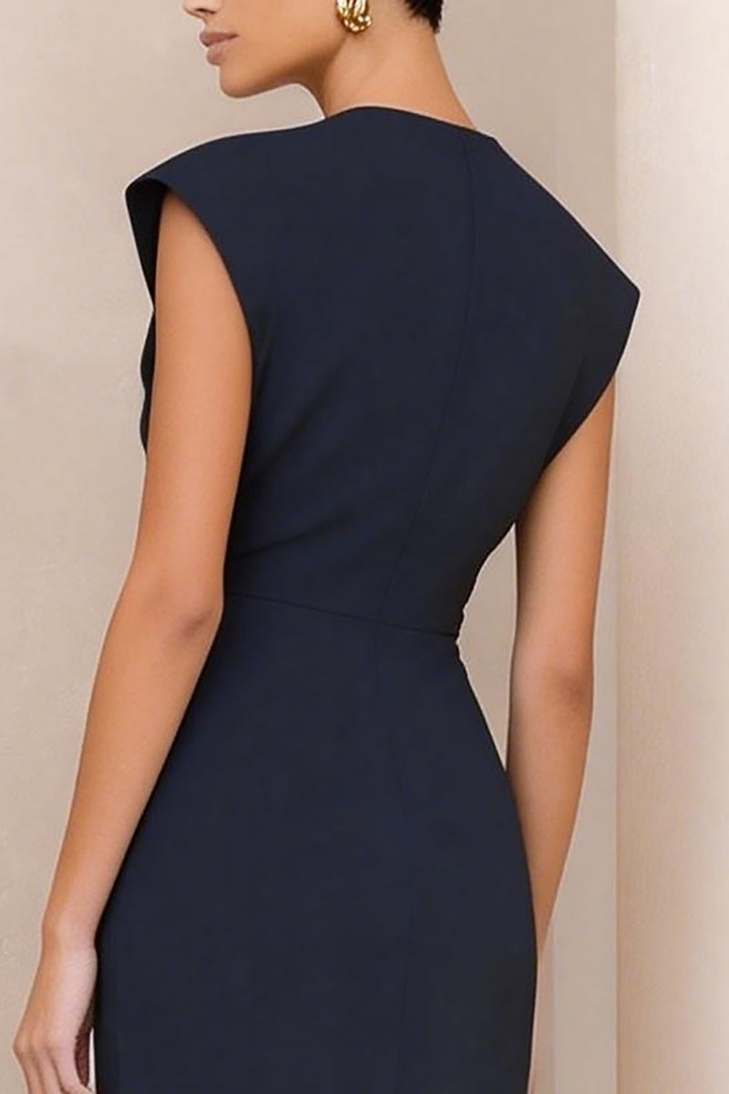 Load image into Gallery viewer, Navy Pencil Round Neck Midi Ruched Work Dress with Slit