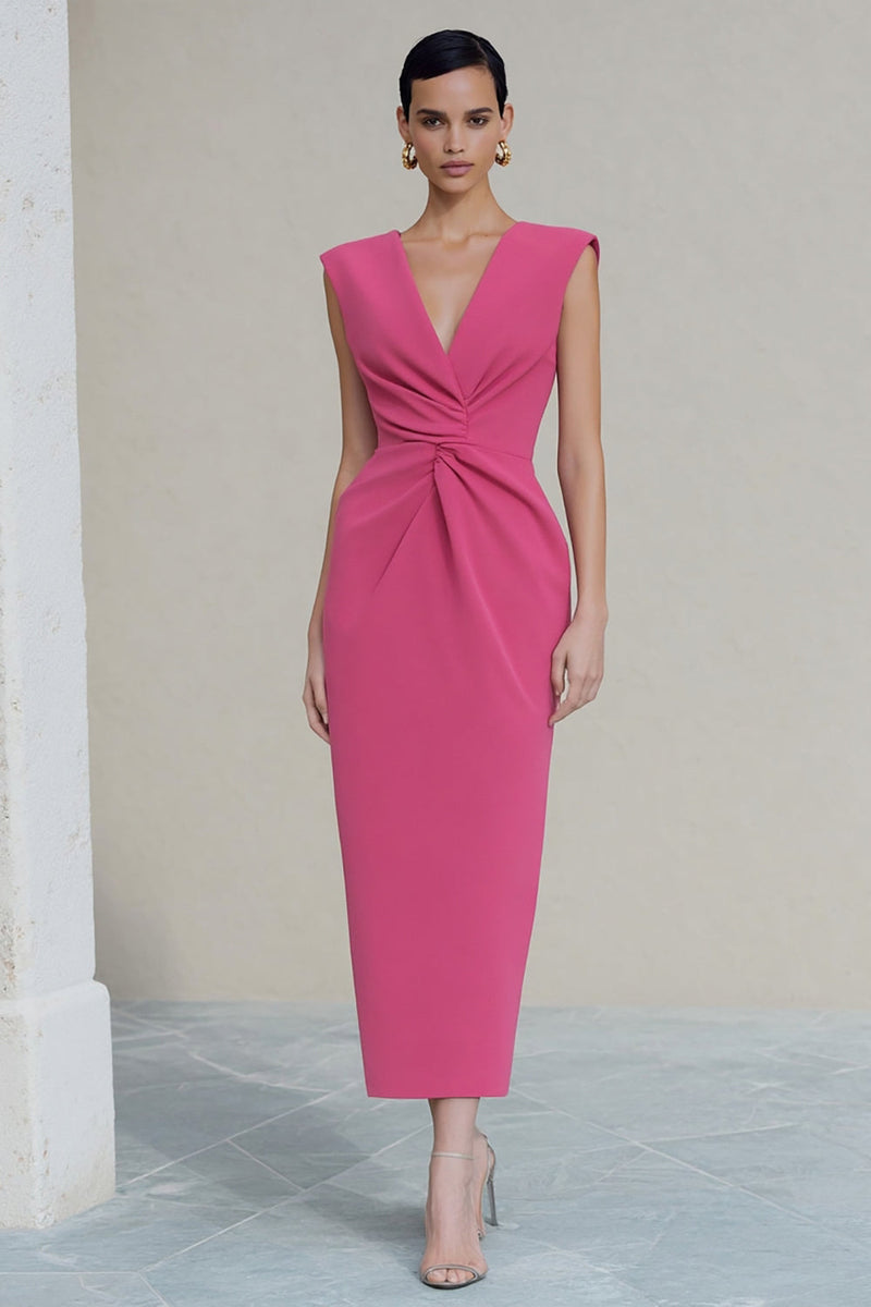Load image into Gallery viewer, Hot Pink Ruched V-Neck Pencil Long Work Dress with Slit