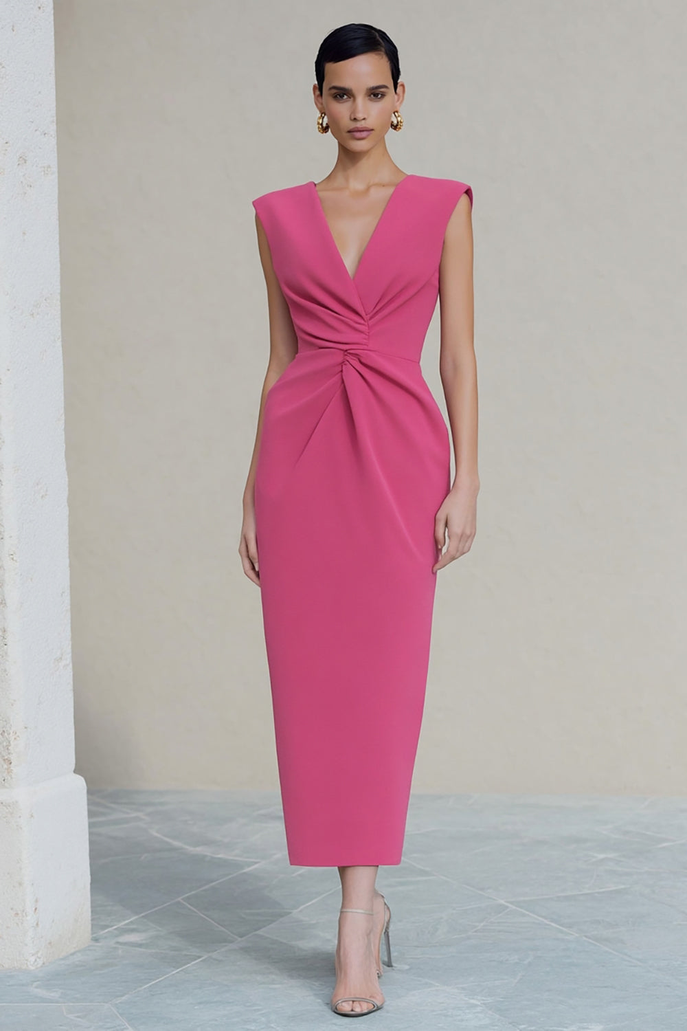 Hot Pink Ruched V-Neck Pencil Long Work Dress with Slit