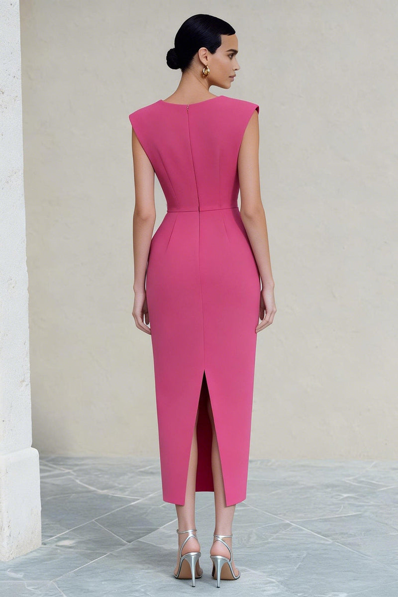Load image into Gallery viewer, Hot Pink Ruched V-Neck Pencil Long Work Dress with Slit